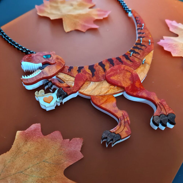 Autumn Tea Rex, T Rex, Dinosaur, Statement Necklace by Cherryloco Jewellery 1