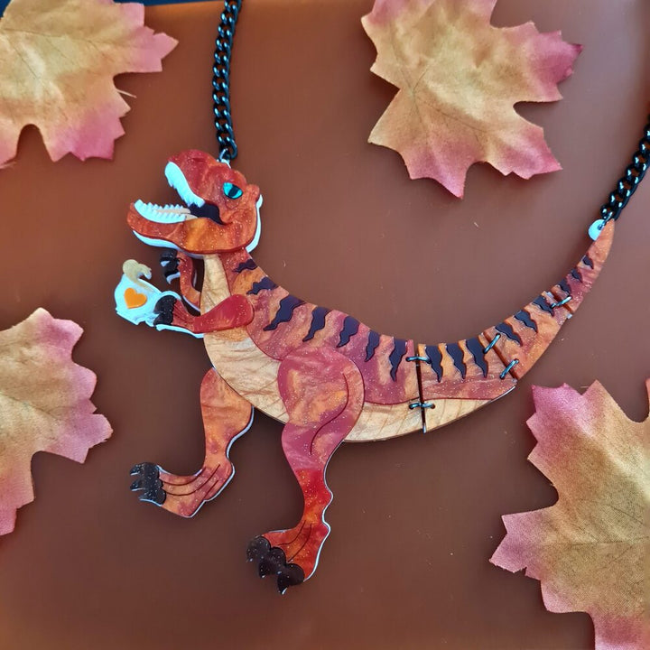 Autumn Tea Rex, T Rex, Dinosaur, Statement Necklace by Cherryloco Jewellery 