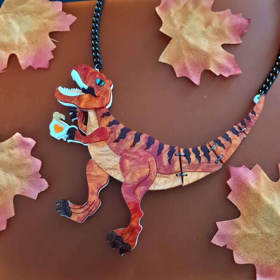Autumn Tea Rex, T Rex, Dinosaur, Statement Necklace by Cherryloco Jewellery 