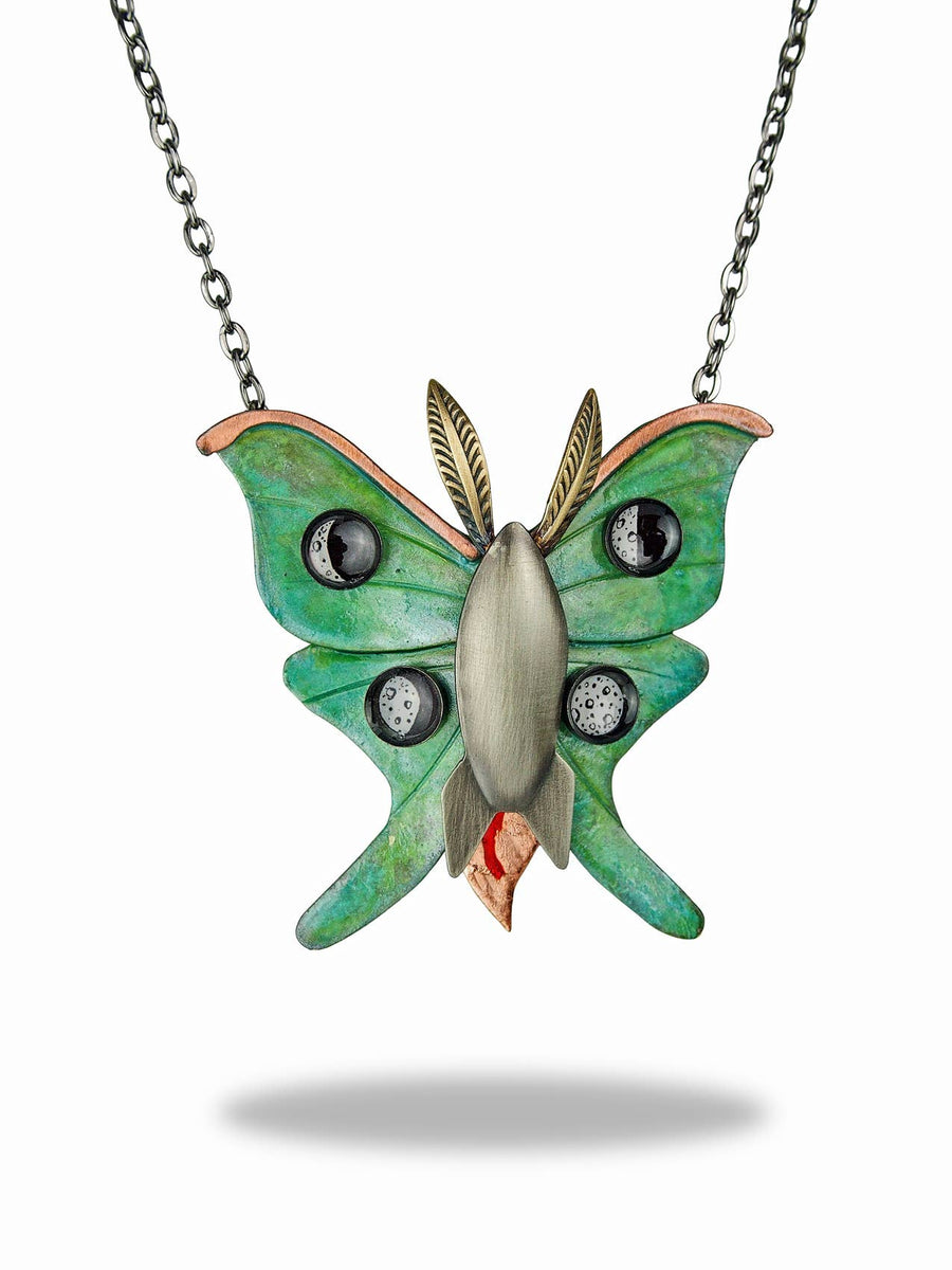 Lunar Moth Necklace — verdigris brass wings with nickel silver rocket and moon phase spots by Chickenscratch