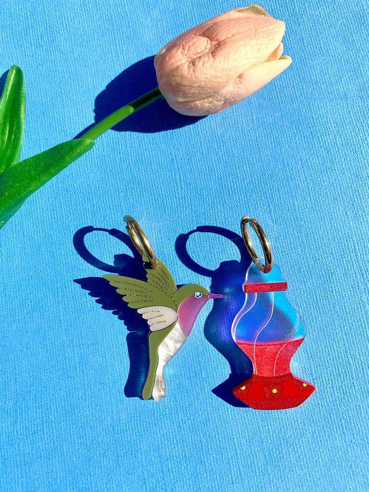 Hummingbird & Feeder Acrylic Statement Earrings