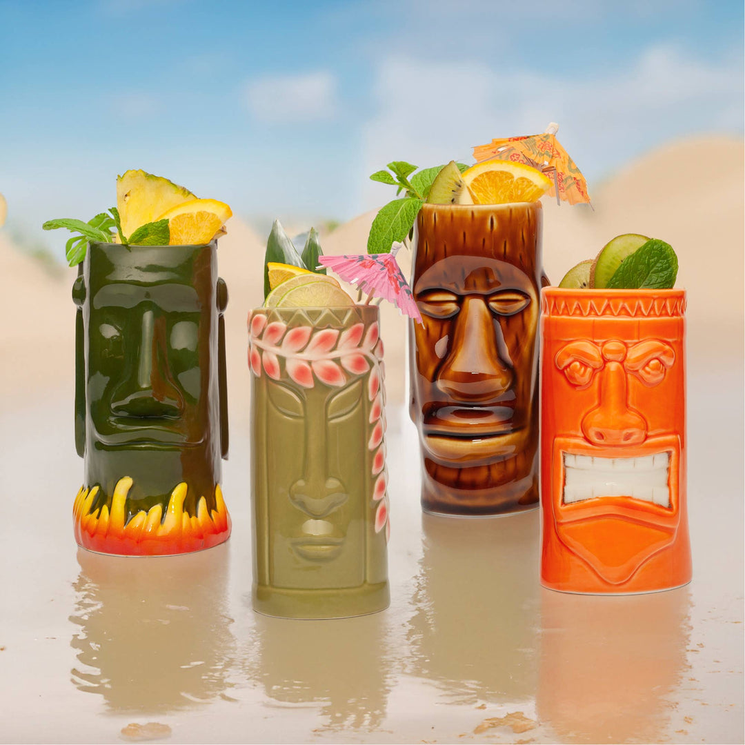 Hard-Carved and Hand-Painted Tiki Mugs - Assorted Set of 8