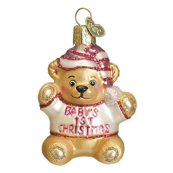 Old World Christmas Baby Girl's First Teddy Bear Blown Glass Ornament