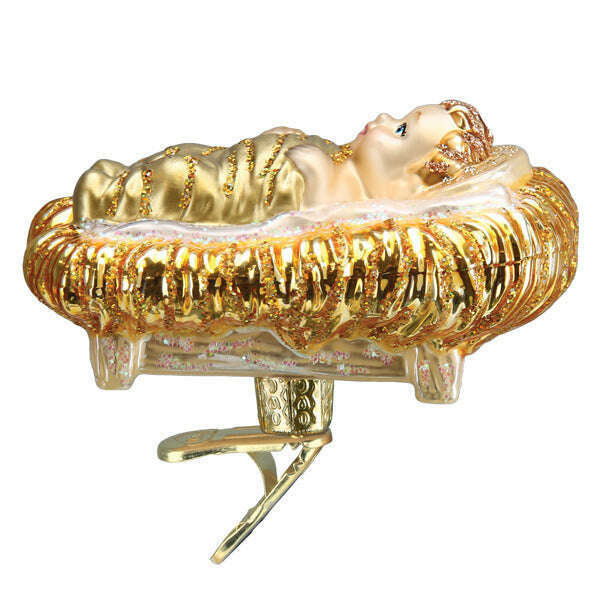 Old World Christmas Baby Jesus in Manger Blown Glass Ornament