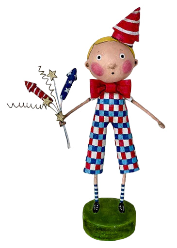 Lori mitchell Decorative figurine of a boy in a checkered outfit with party hat and streamers on a white background