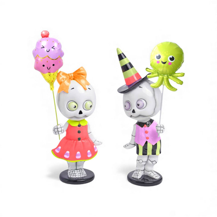 Set of two 13.5 inch summer skeleton kid figurines in swimwear, Summerween decor