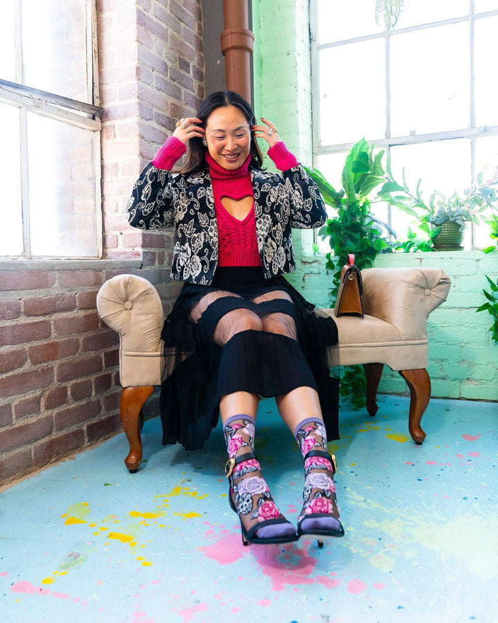 Skulls & Roses Black Sheer Crew Sock