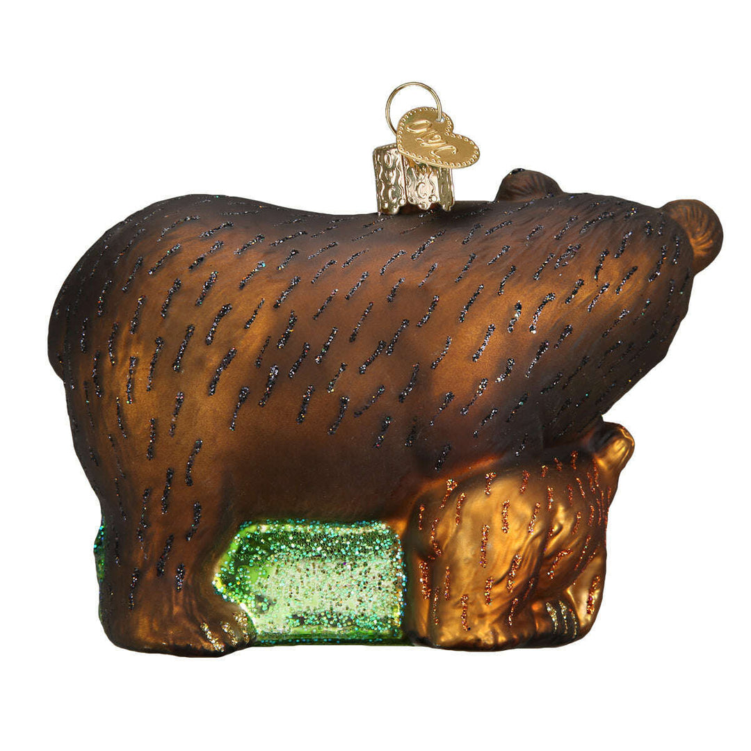 Old World Christmas Bear With Cubs Blown Glass Ornament