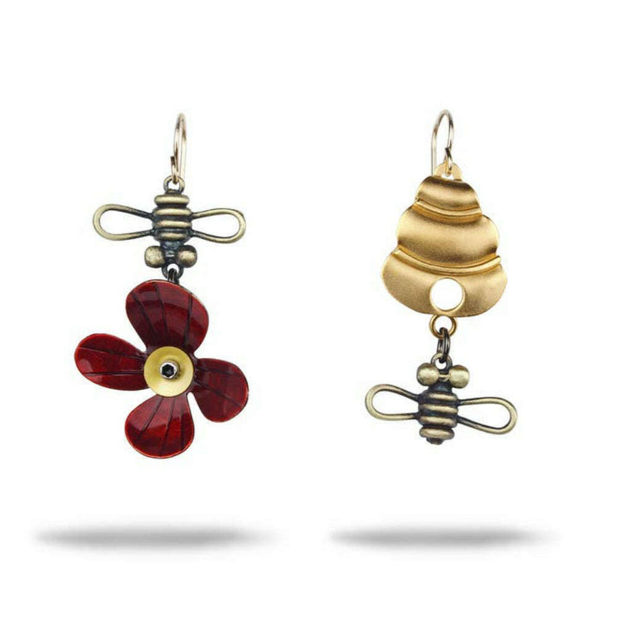 Chickenscratch Bee Line Earrings Red — handmade mismatched earrings with red enamel flower, cast brass bee, and gold-plated skep, gold-filled ear wires