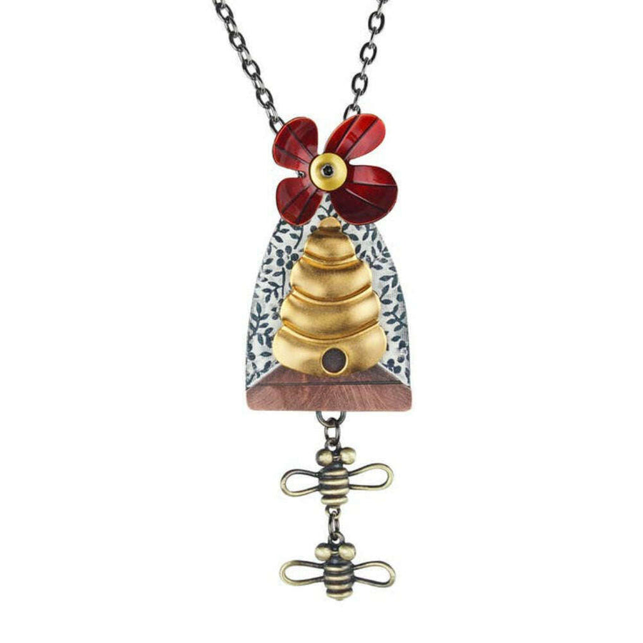 Chickenscratch Bee Line Necklace Red — handmade red enamel flower necklace with cast brass bees and gold-plated skep pendant on 18-inch gunmetal chain