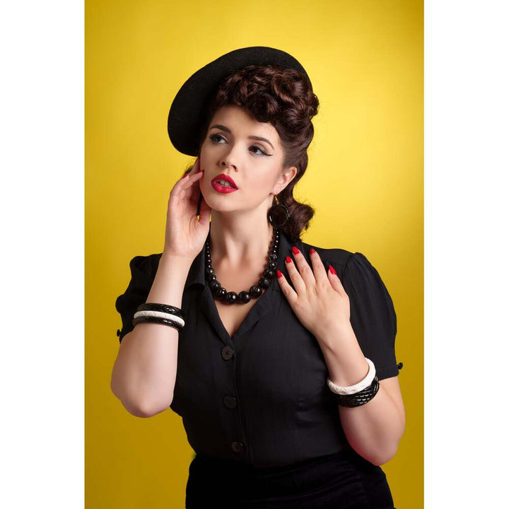 Black Heavy Carve Fakelite Drop Hoop Earrings by Splendette 1