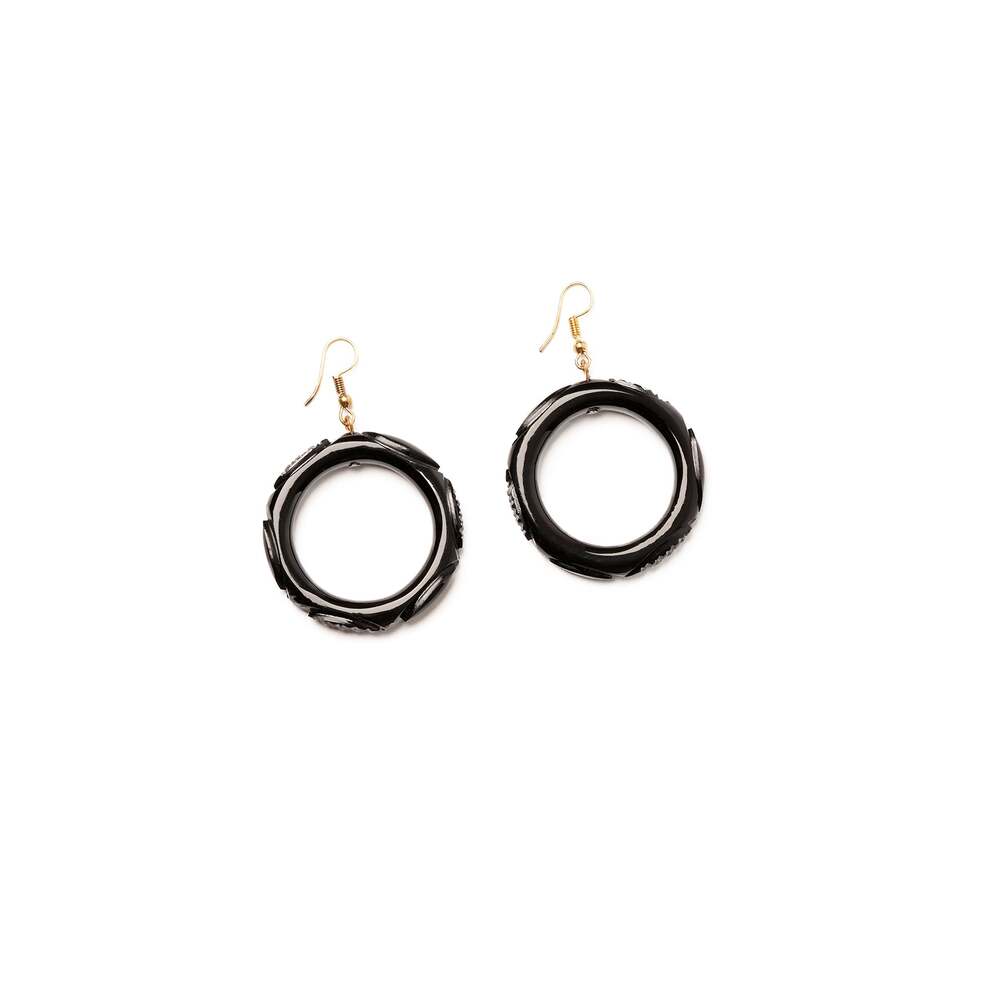 Black Heavy Carve Fakelite Drop Hoop Earrings by Splendette 