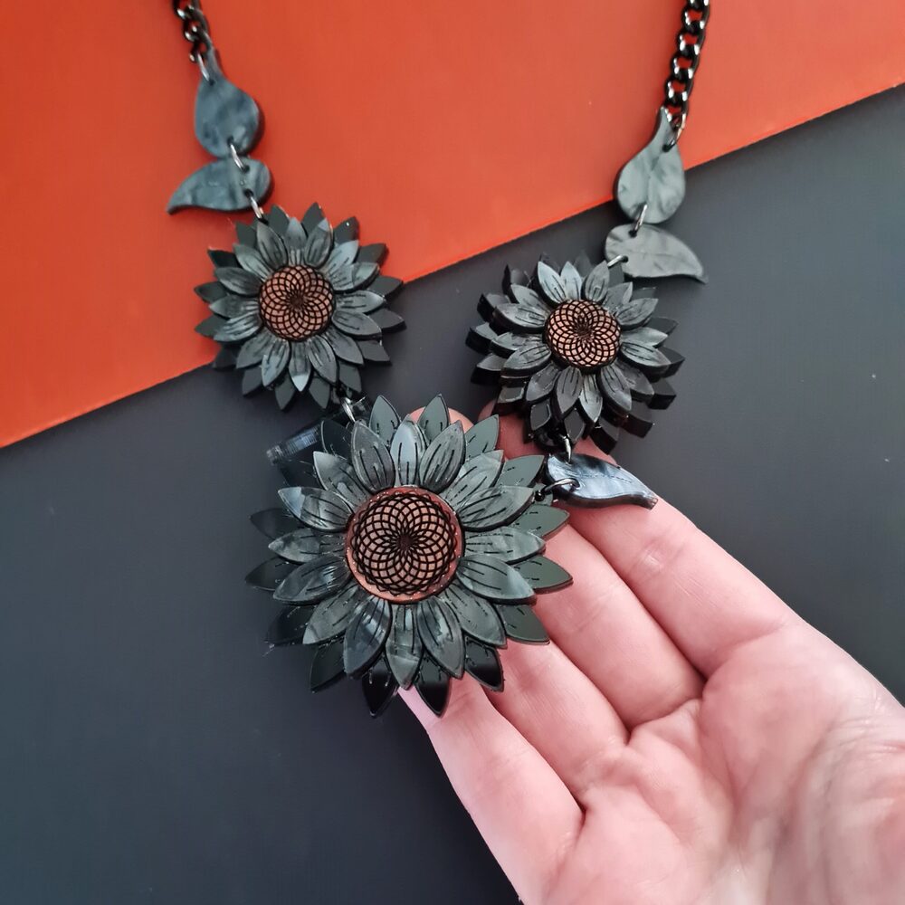 Black Sunflower Charm Necklace by Cherryloco Jewellery 1