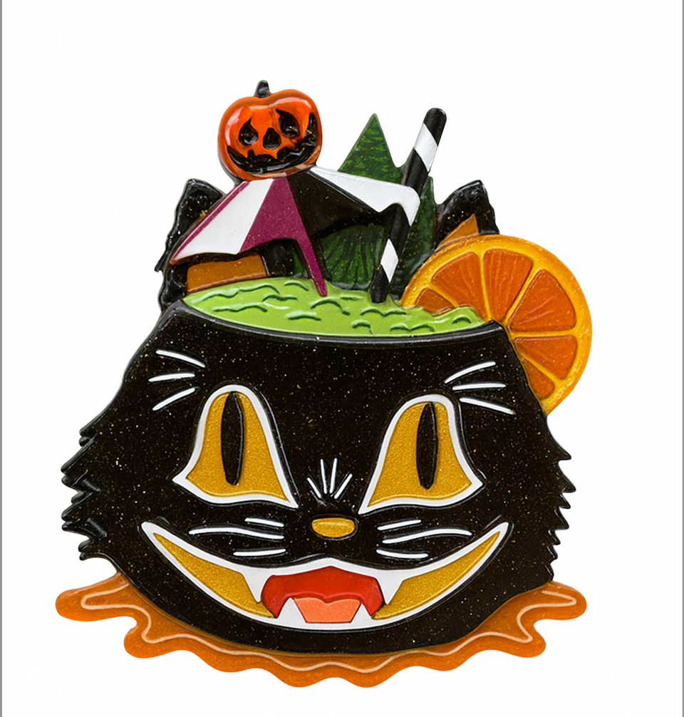 Halloween-themed black cat with a cauldron, pumpkin, and spider on a white background