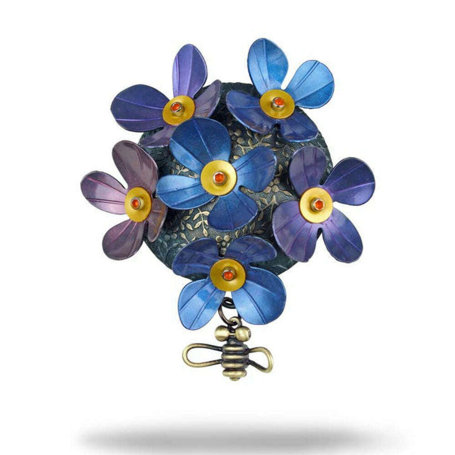 Chickenscratch Bloom Brooch Pendant — handmade oxidized brass violet blue pink mica flower brooch with orange gold center and cast brass bee dangle, convertible pin and pendant