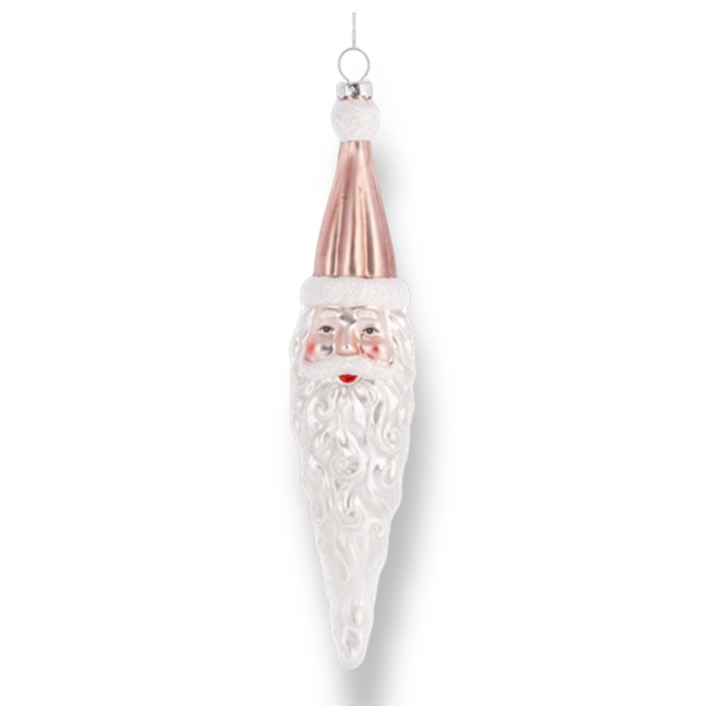 Blown glass Christmas ornament shaped like a Santa Claus head with long beard and pink hat.