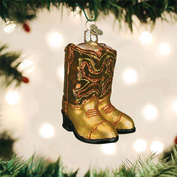 Old World Christmas Brown Pair of Cowboy Boots Blown Glass Ornament