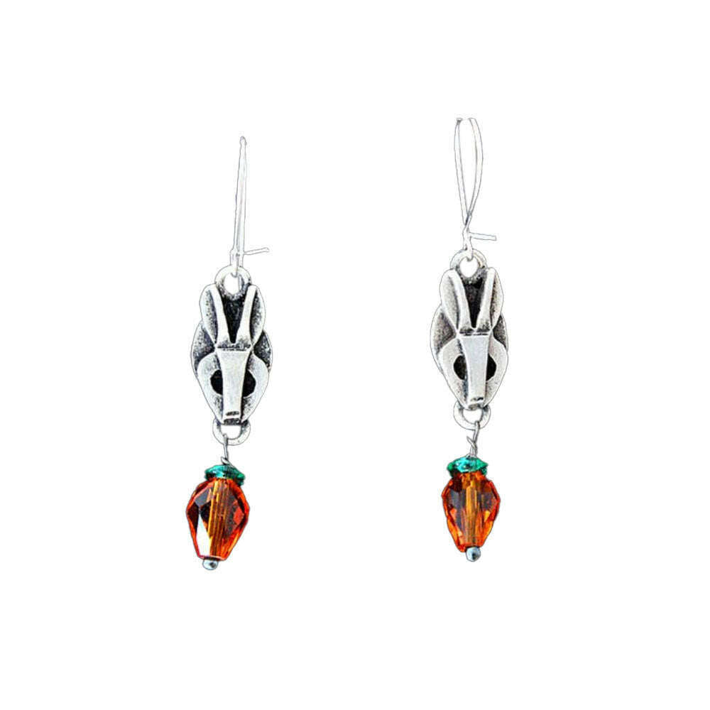 Chickenscratch Bunny Earrings — cast sterling silver rabbit charm earrings with Czech glass carrot dangles, locking sterling silver kidney wires