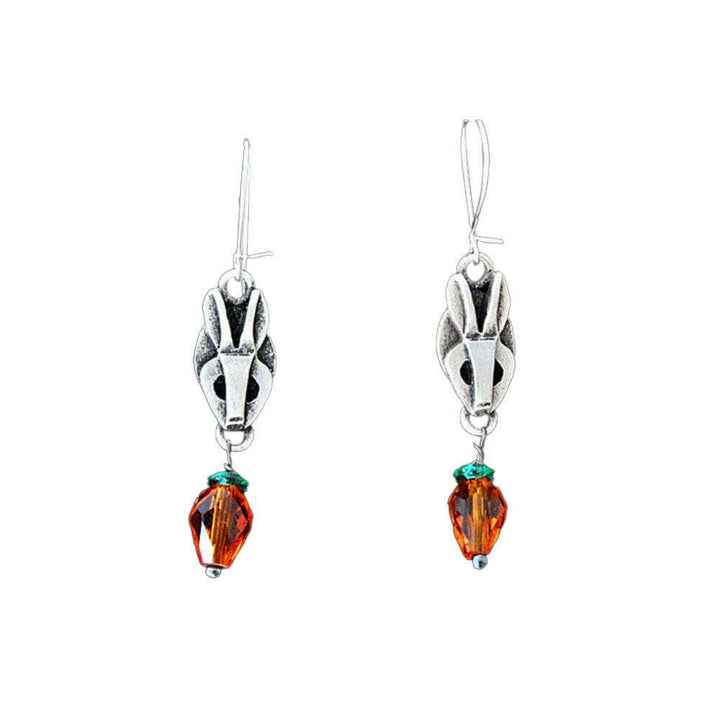 Chickenscratch Bunny Earrings — cast sterling silver rabbit charm earrings with Czech glass carrot dangles, locking sterling silver kidney wires