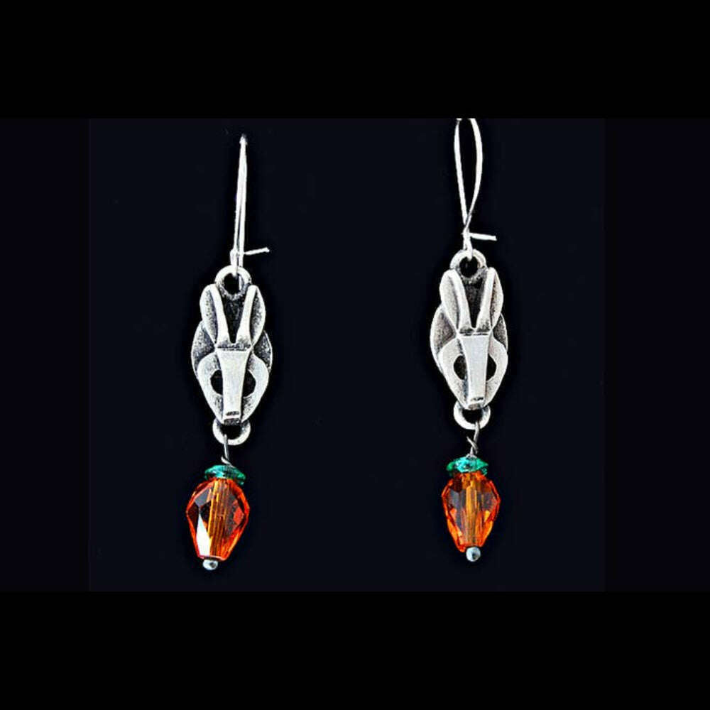 Chickenscratch Bunny Earrings detail — artisan sterling silver bunny earrings with glass carrot, handmade in USA