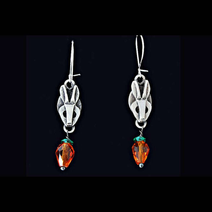 Chickenscratch Bunny Earrings detail — artisan sterling silver bunny earrings with glass carrot, handmade in USA