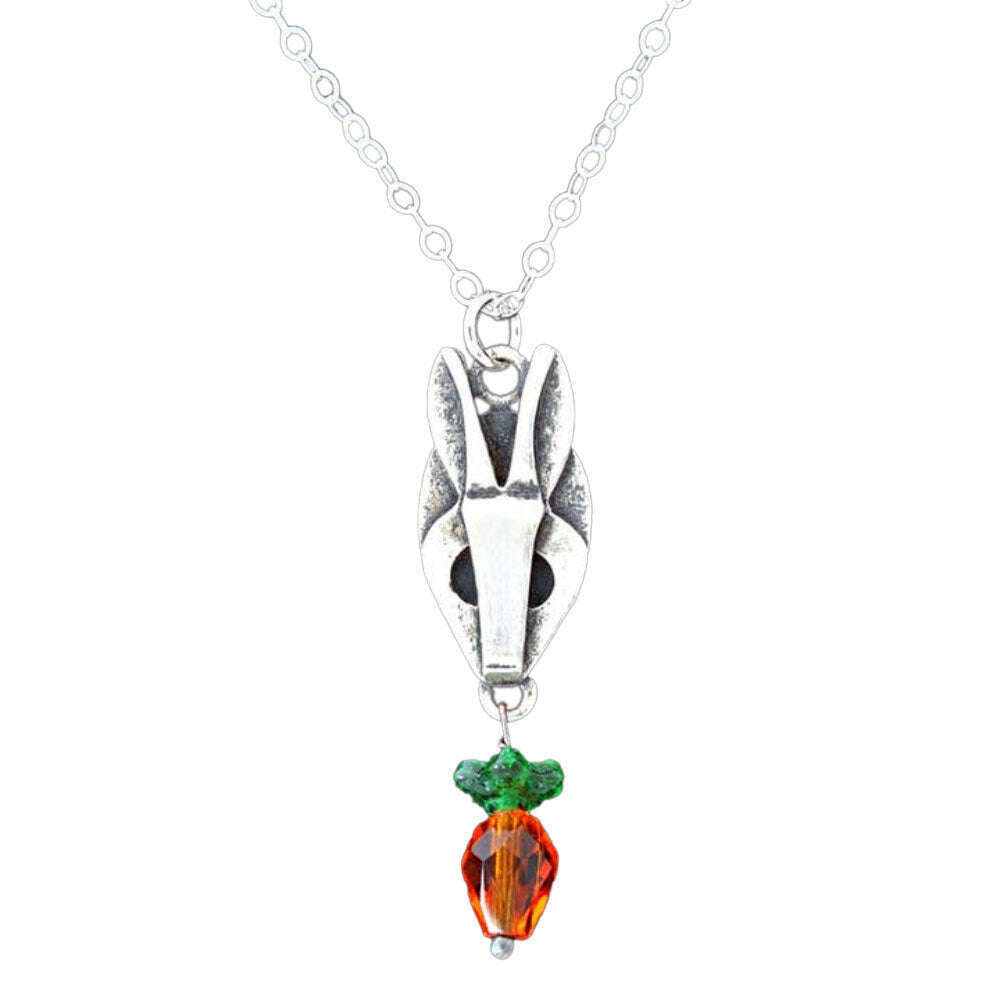 Chickenscratch Bunny Pendant — cast sterling silver rabbit charm necklace with Czech glass carrot dangle on 18-inch sterling silver chain