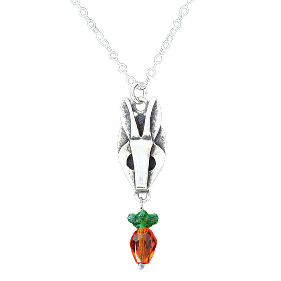 Chickenscratch Bunny Pendant — cast sterling silver rabbit charm necklace with Czech glass carrot dangle on 18-inch sterling silver chain