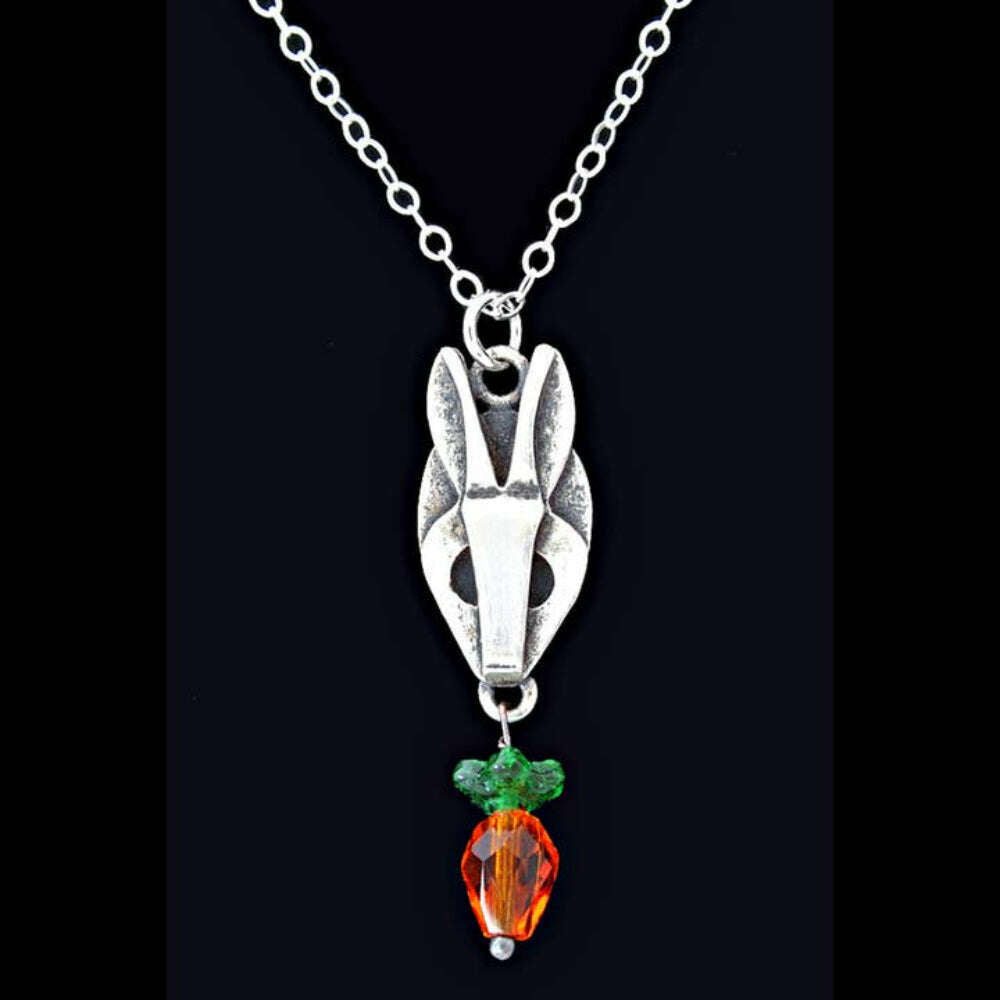 Chickenscratch Bunny Pendant detail — artisan sterling silver bunny necklace with glass carrot handmade in USA