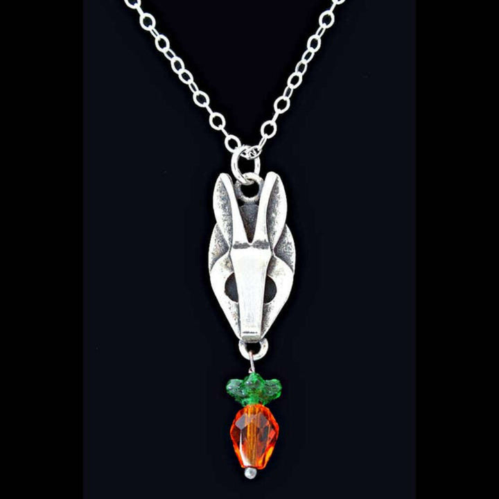 Chickenscratch Bunny Pendant detail — artisan sterling silver bunny necklace with glass carrot handmade in USA
