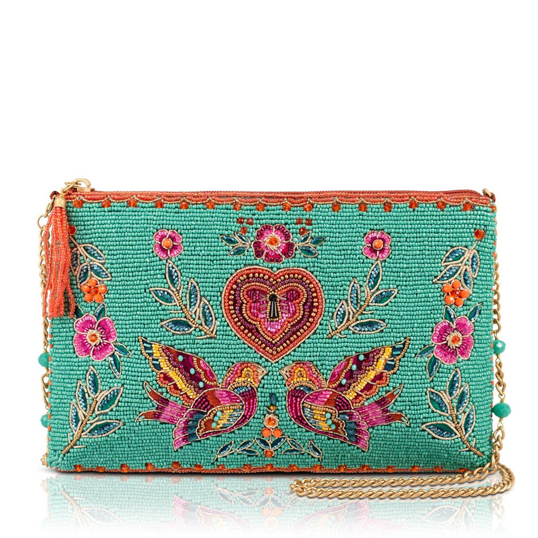 Two In Love Lovebirds and Heart on Turquoise Beaded Handbag
