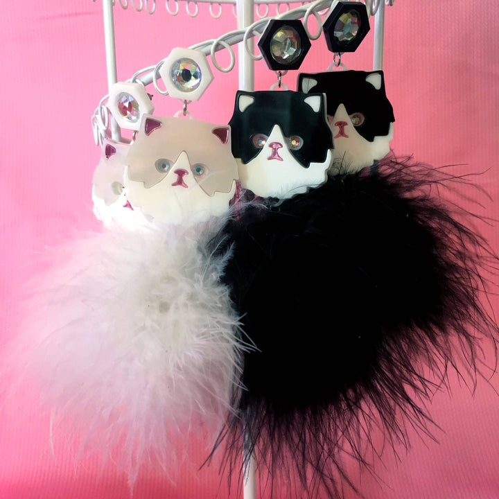 Persian Kitty Cat And Pom Pom Earrings In White Or Black & White, Laser Cut Acrylic, Plastic Jewelry