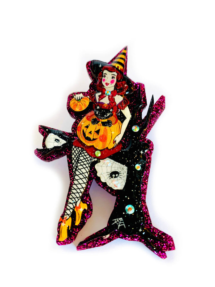 Meggie the Witch & her Pumpkin Cat Brooch by Rosie Rose Parker