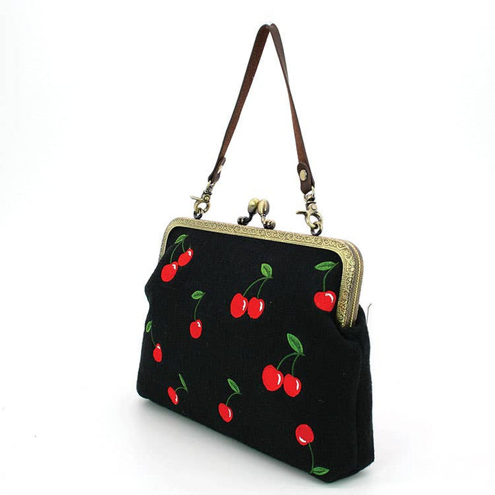 Cherry Kisslock Handbag in Linen + Cotton blend fabric: BLACK