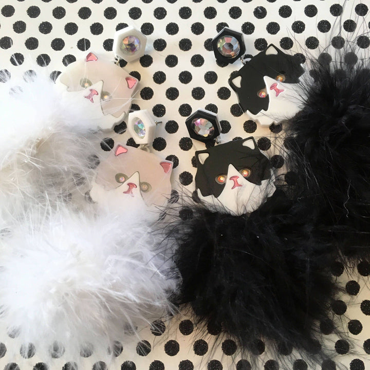 Persian Kitty Cat And Pom Pom Earrings In White Or Black & White, Laser Cut Acrylic, Plastic Jewelry