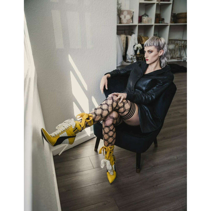 Cassandra: Layered Fence Net Thigh Highs. Petite to Plus Size