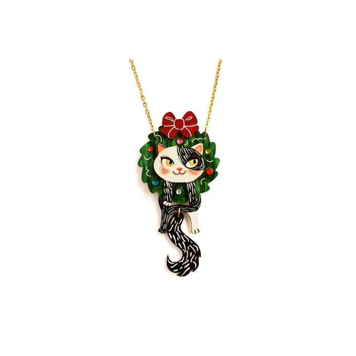 Cat in A Christmas Wreath Necklace by Laliblue 