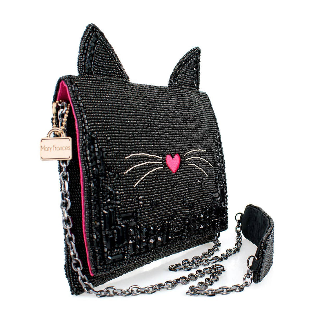 Kitty Couture Black and Pink Beaded Cat Crossbody Handbag