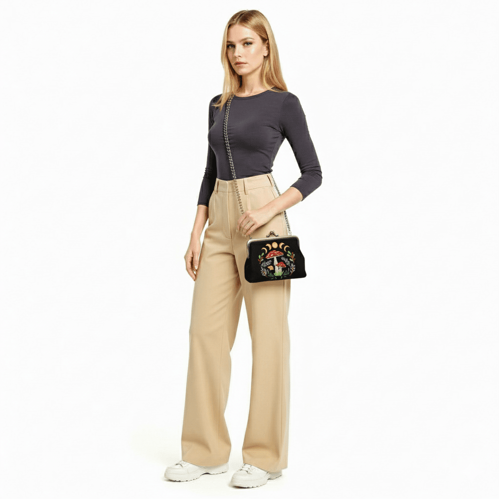 Celestial Mushroom Kiss Lock Bag in Linen Cotton Blend Mater