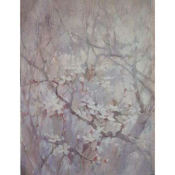Cherry Blossom Fog Designer Printed AIDA Fabric. Canvas for embroidery with an applied background  KF-1106A