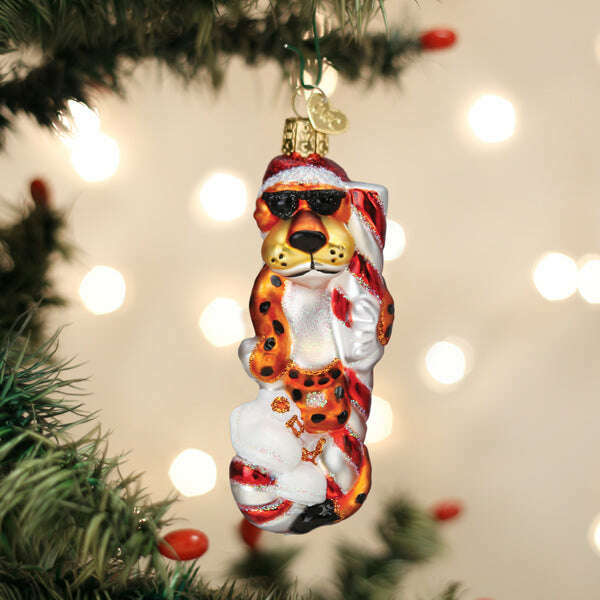 Old World Christmas Chester Cheetah on Candy Cane Blown Glass Ornament