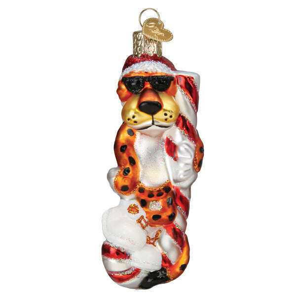 Old World Christmas Chester Cheetah on Candy Cane Blown Glass Ornament