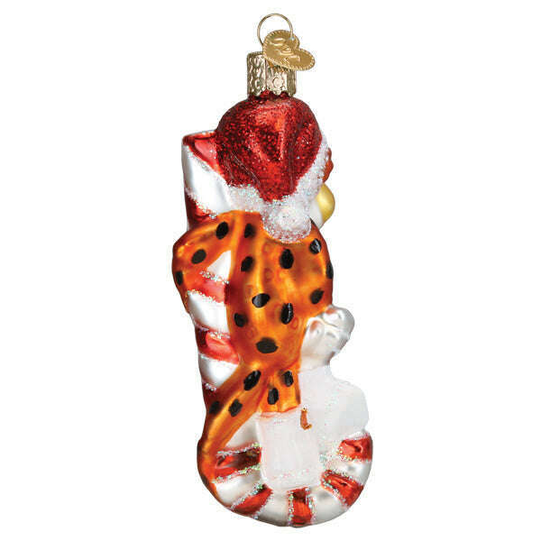 Old World Christmas Chester Cheetah on Candy Cane Blown Glass Ornament