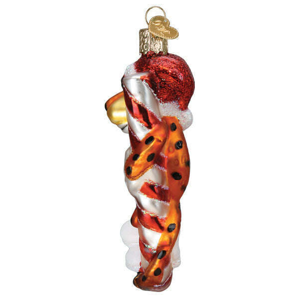 Old World Christmas Chester Cheetah on Candy Cane Blown Glass Ornament