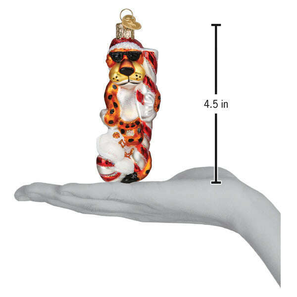 Old World Christmas Chester Cheetah on Candy Cane Blown Glass Ornament