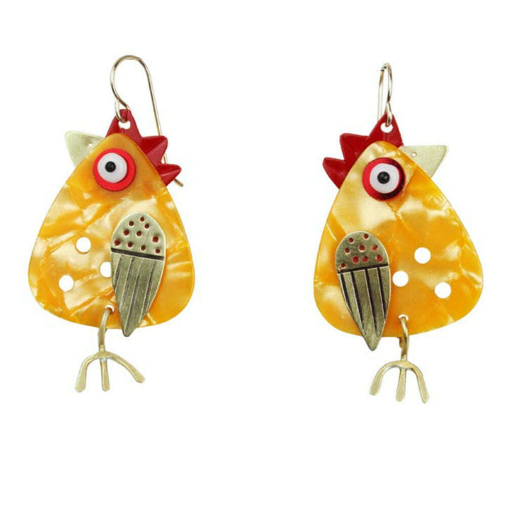 Chickenscratch Chick Earrings — handmade yellow guitar pick bird earrings with brass swinging feet and prismatic glass eyes, sterling silver ear wires