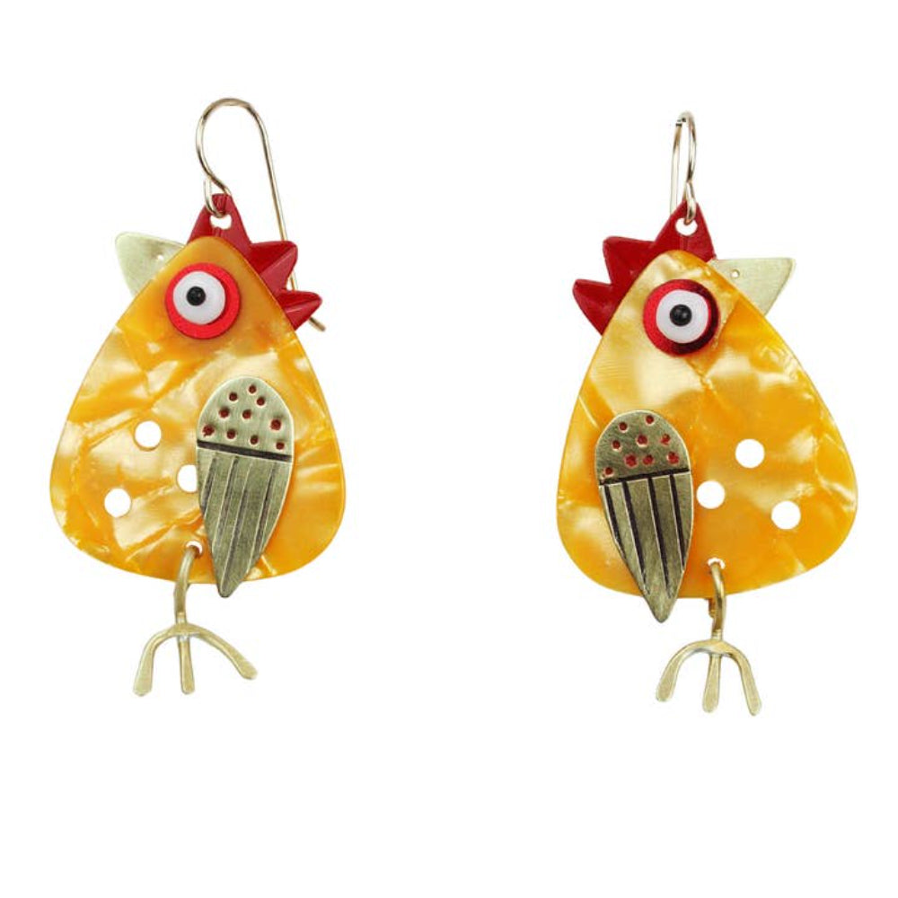 Chickenscratch Chick Earrings — handmade yellow guitar pick bird earrings with brass swinging feet and prismatic glass eyes, sterling silver ear wires