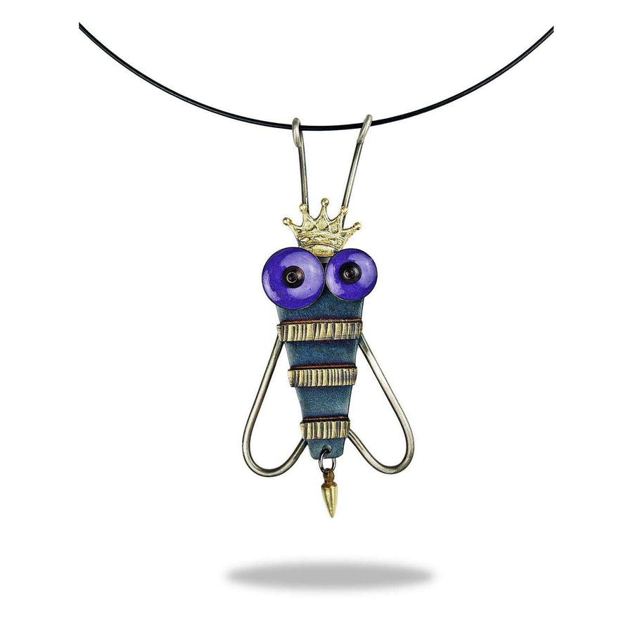 Queen Bee Necklace — articulated brass bee with gold leaf and purple epoxy resin eyes by Chickenscratch