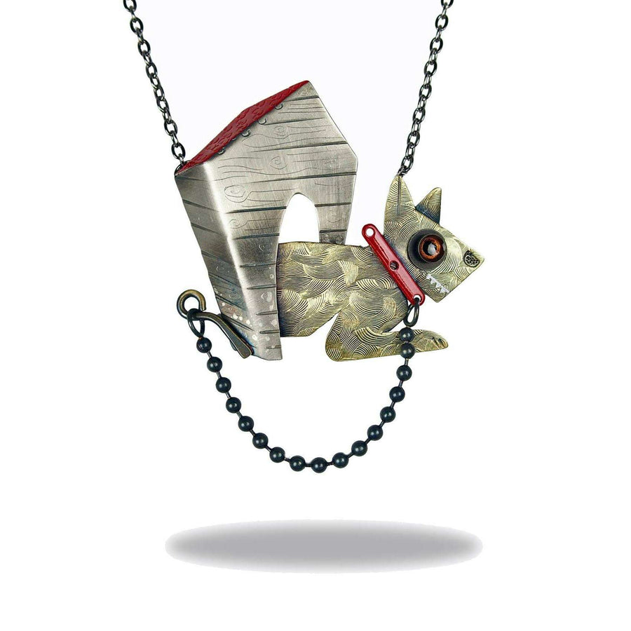 Watchdog Necklace — mixed metals dog pendant with copper eye and swinging leash by Chickenscratch
