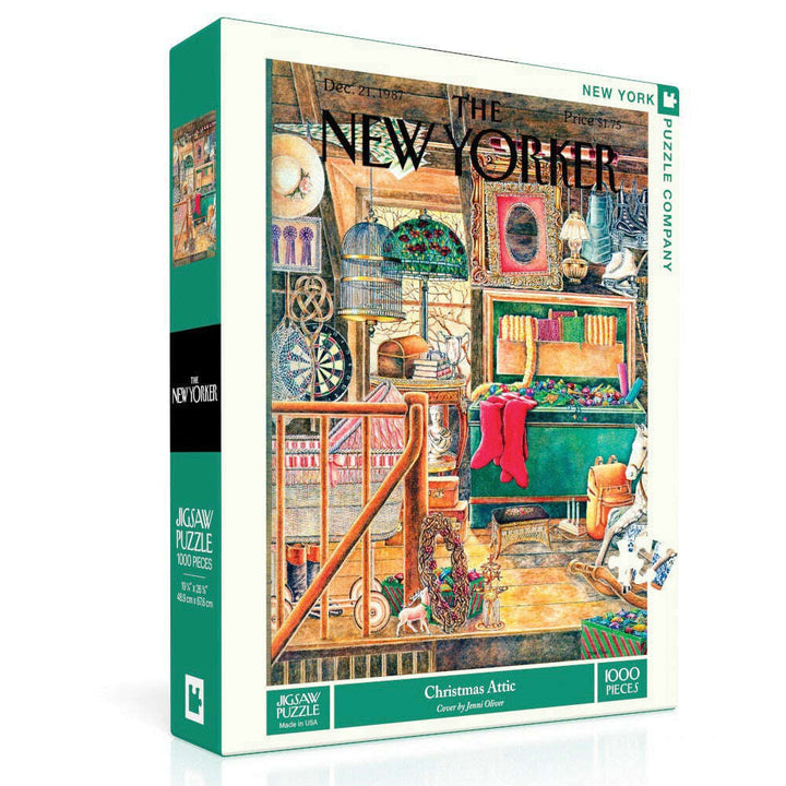 Jigsaw puzzle box featuring a Christmas Attic scene with 'The New Yorker' branding.