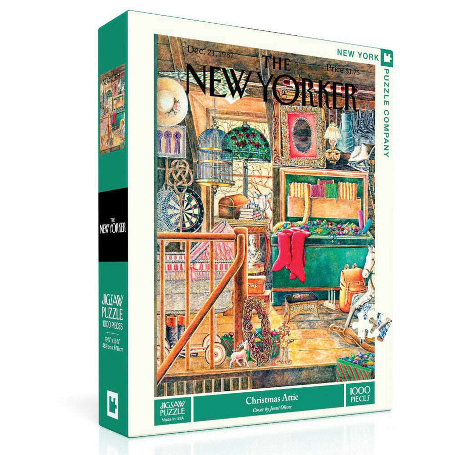 Jigsaw puzzle box featuring a Christmas Attic scene with 'The New Yorker' branding.
